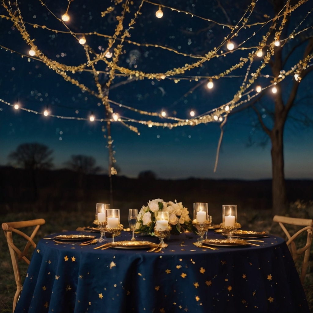 A deep navy and gold setting inspired by the night sky. Crescent moons, glowing stars, and shimmering decor set the celestial mood.