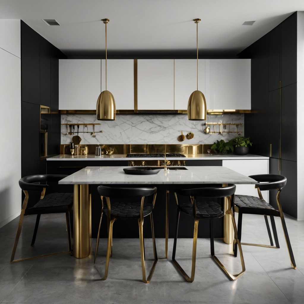 A sleek monochrome kitchen with matte black dishware and glossy white surfaces. Metallic gold accents add depth and contrast to the modern design.