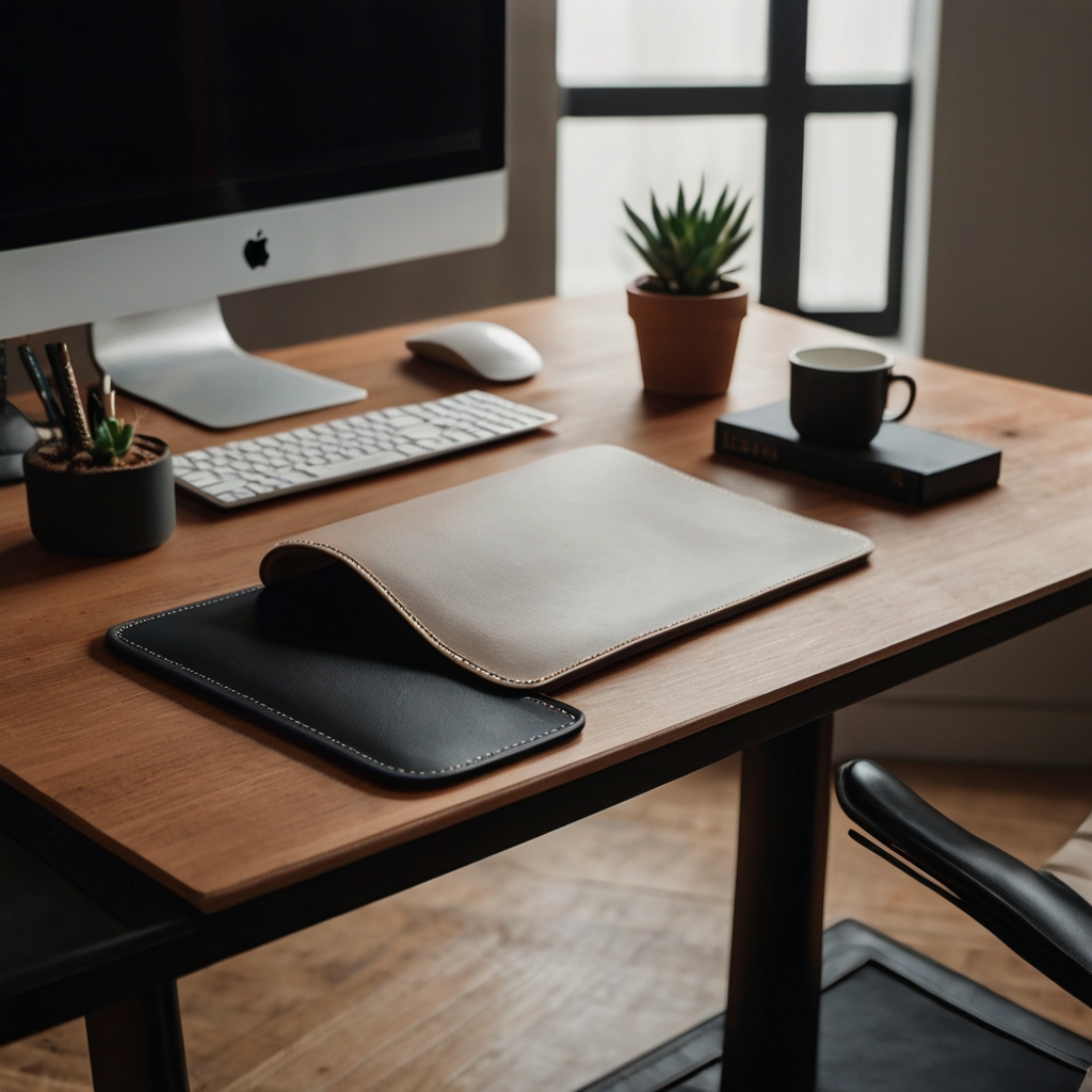 A modern workspace with a sleek leather desk mat. Neutral colors and soft padding add comfort and elegance.