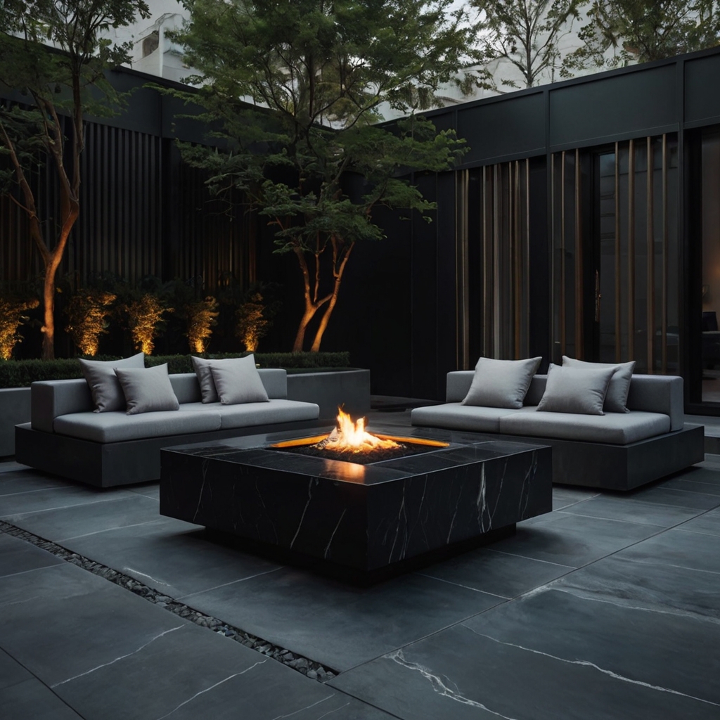 A sleek monochrome courtyard with black marble floors, soft gray seating, and a geometric firepit. Subtle LED lighting enhances its modern sophistication.