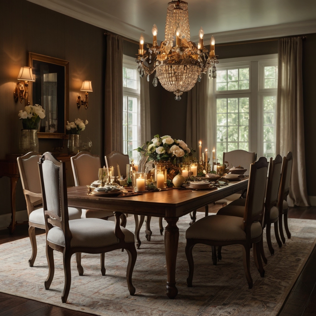 A timeless dining space with a long wooden table, upholstered chairs, and antique brass chandelier. Soft candlelight creates an intimate and elegant atmosphere.