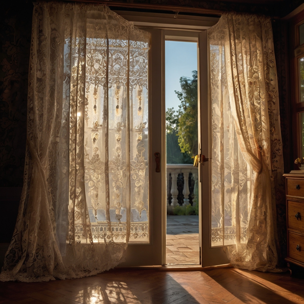 Delicate lace curtains with intricate patterns. Soft morning light filters through, creating a romantic vintage atmosphere.