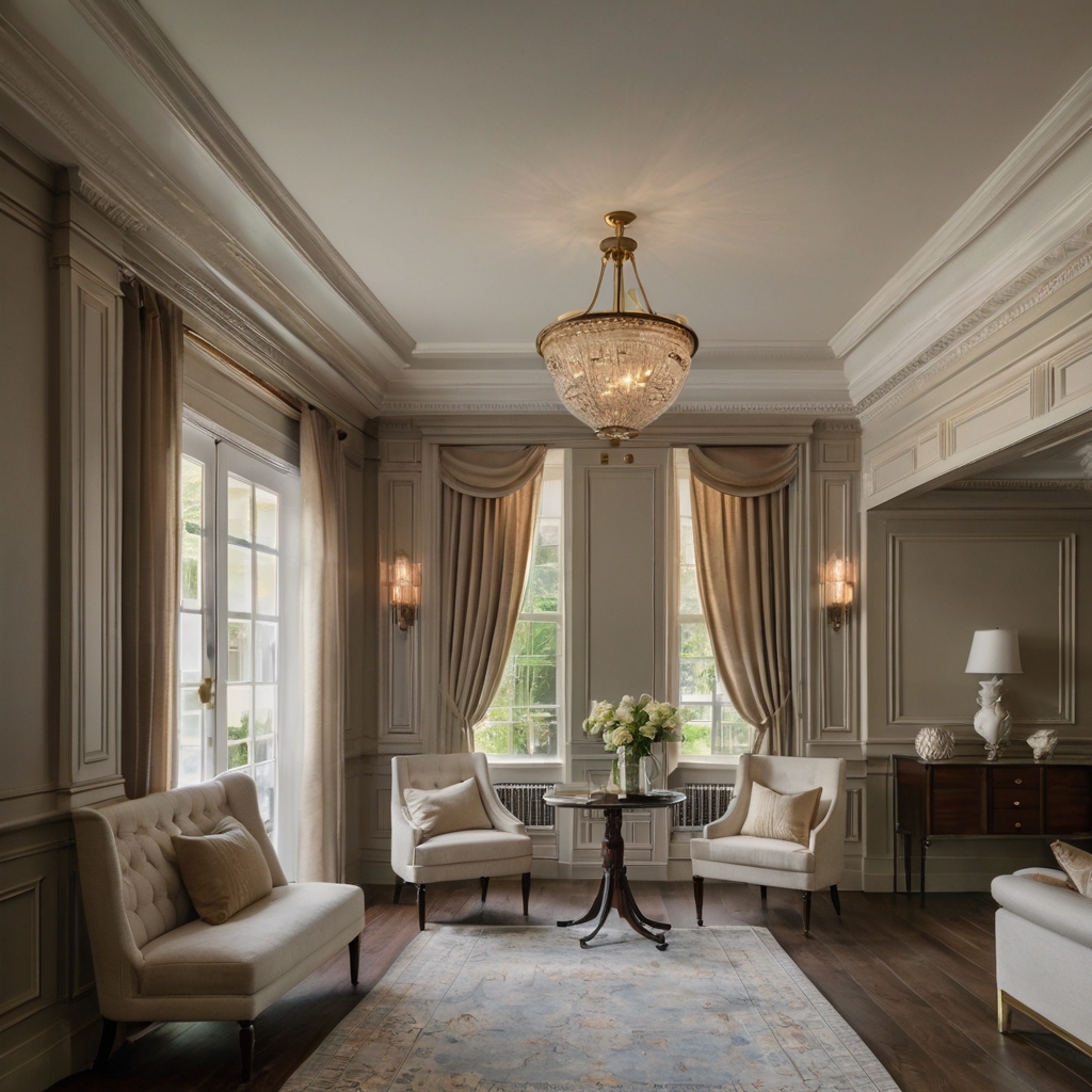 An elegant room with intricate crown molding and neutral-toned walls. Soft light enhances the depth and craftsmanship of the architectural details.