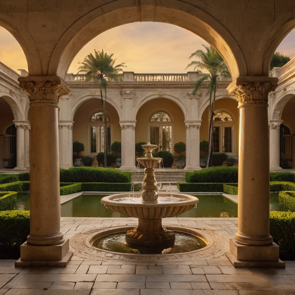 A grand courtyard with stone archways, elegant fountains, and manicured hedges. Sunlit pathways and sculpted details evoke timeless sophistication.