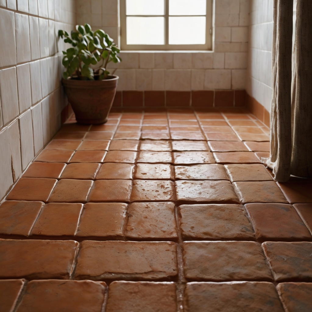 Rustic terracotta flooring with sun-kissed hues adds warmth to a Spanish retreat. Each handmade tile brings unique texture, enhancing the bathroom’s authentic charm.