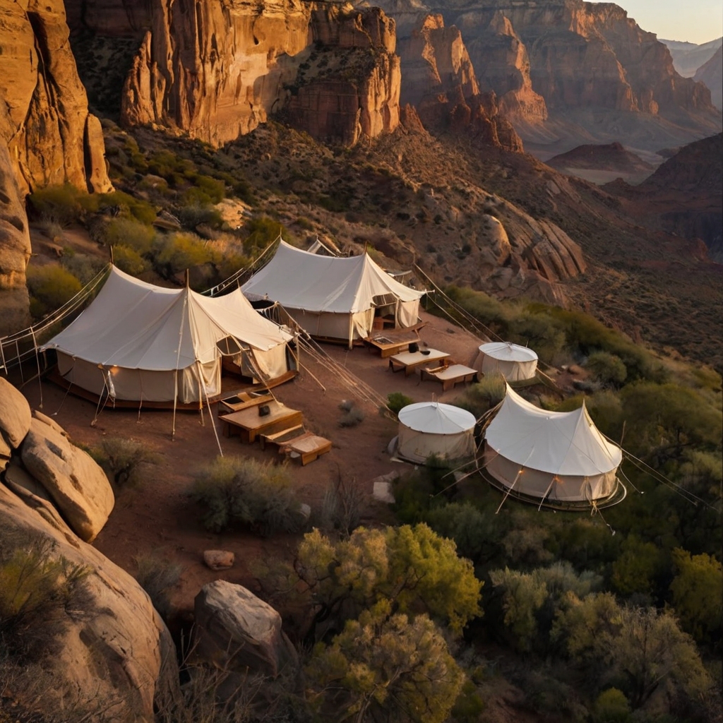 Transparent hanging tents suspended over a canyon, offering thrilling sunrise views. The rugged cliffs glow under the soft morning light.