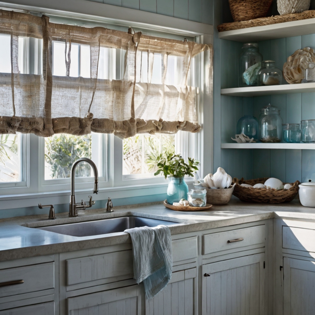 A light blue and white kitchen with driftwood decor and seashell-filled jars. Sunlight reflects off glassware, creating a fresh, beachy ambiance.