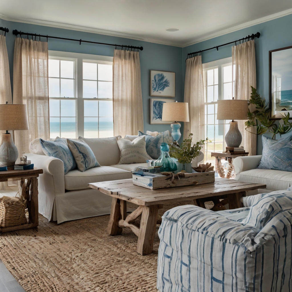 A breezy living room with soft blues, sandy neutrals, and linen sofas. Driftwood decor and sheer curtains enhance the light, relaxed atmosphere.