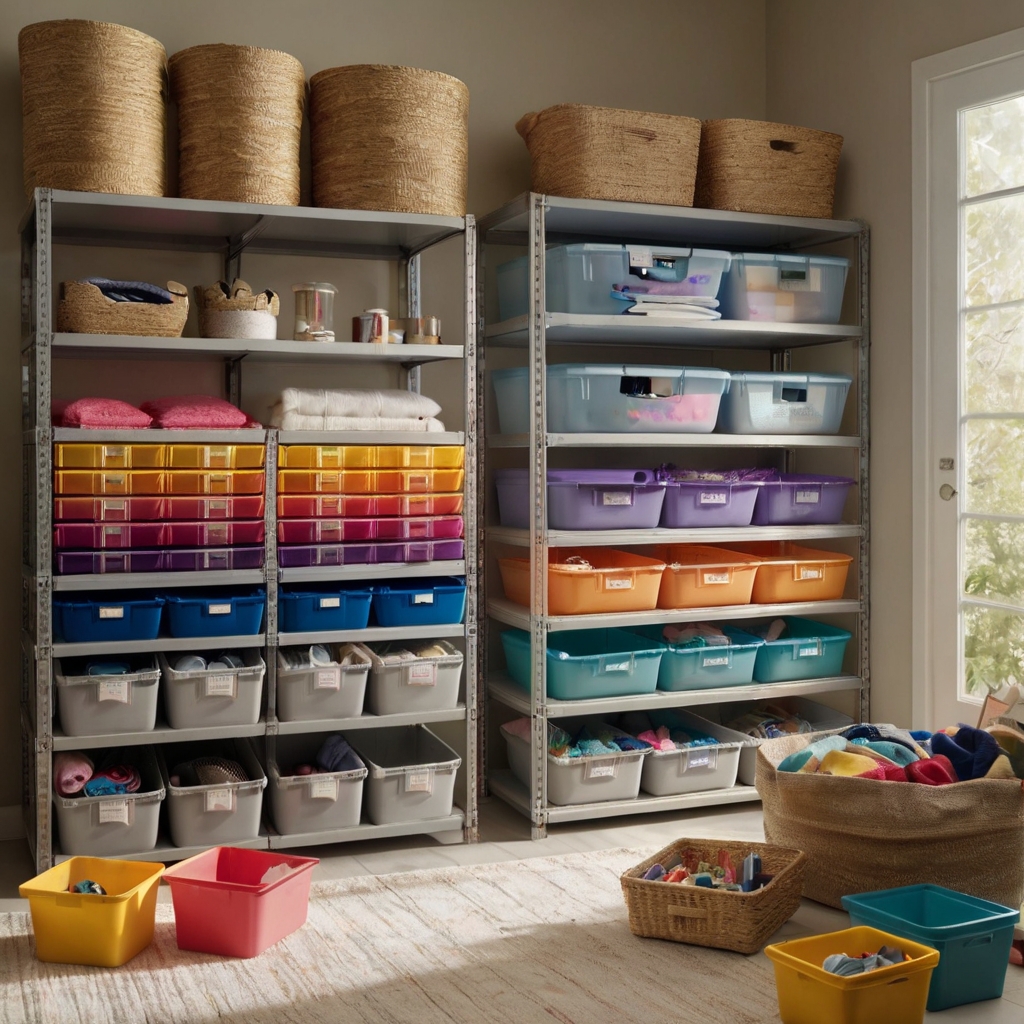 Vibrant, color-coded bins neatly stacked in a bright craft room, illuminated by natural light for a cheerful, organized look.