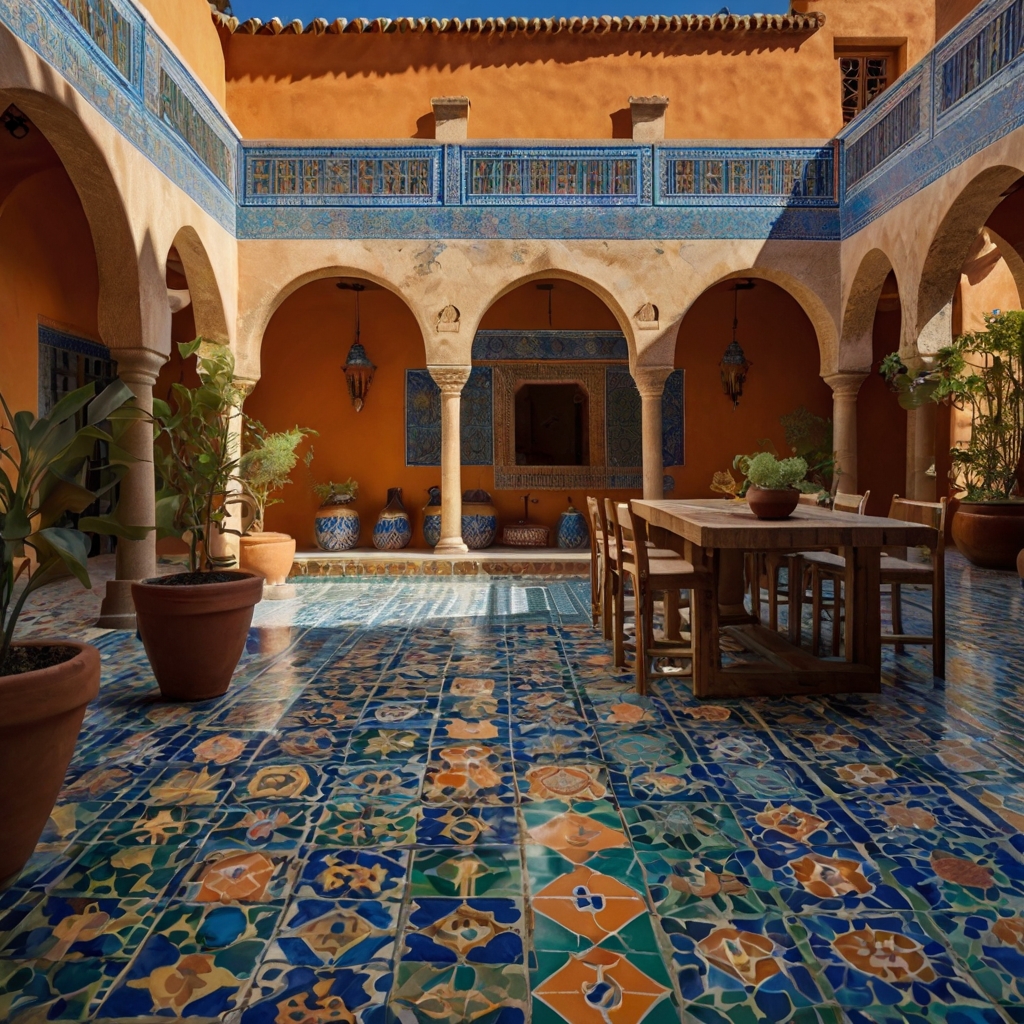 A lively Mediterranean courtyard with vibrant mosaic tiles in deep blues and warm terracotta. Sunlight enhances the intricate patterns and textures.