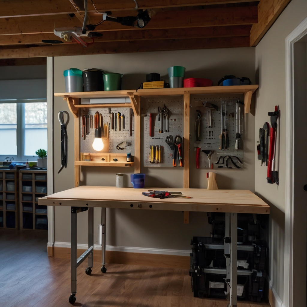 A foldable workbench saves space in a compact craft room. Soft lighting highlights the workbench's versatility and space-saving design.