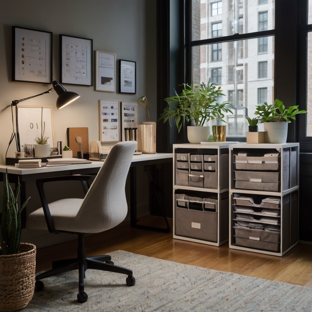 Neutral-toned storage bins neatly organizing office supplies. Stackable designs maximize space while maintaining a clean aesthetic.