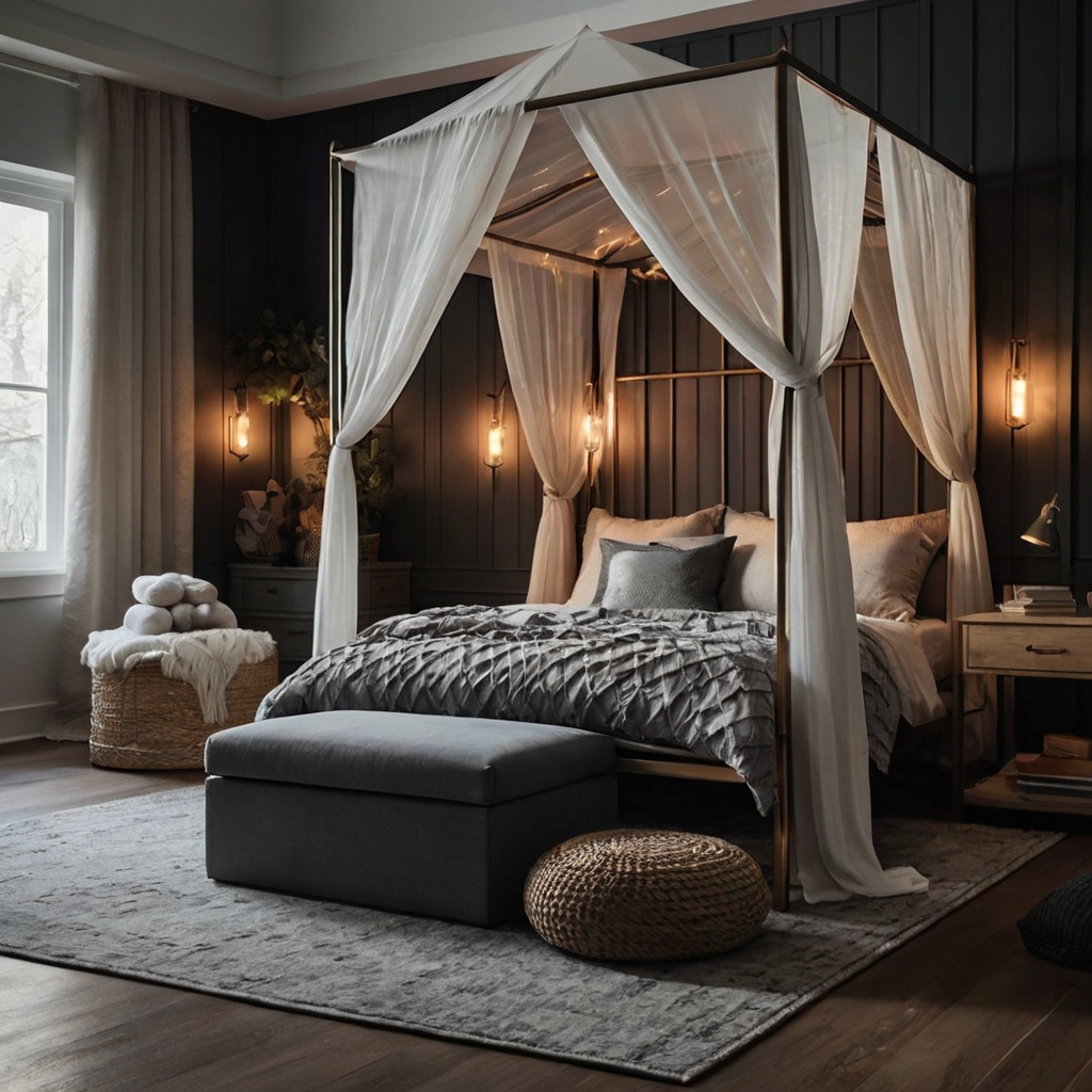 Sheer bed canopies create cozy, private nooks. Adds charm while defining personal space.