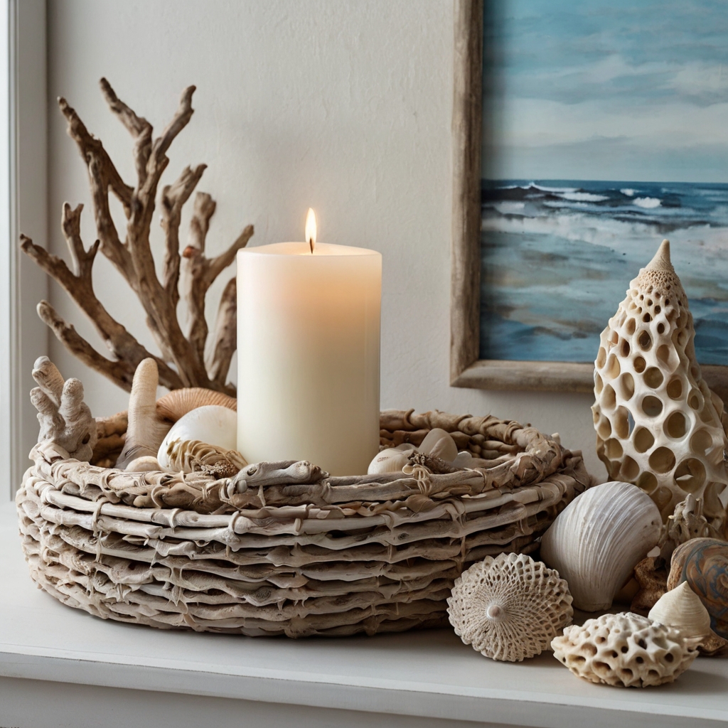 Coastal ceramics, soft pastels, and natural driftwood accents bring a breezy seaside charm.