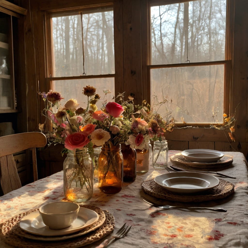 A countryside Valentine’s setup with floral prints and vintage china. A crackling fireplace and lace details evoke a rustic, romantic charm.