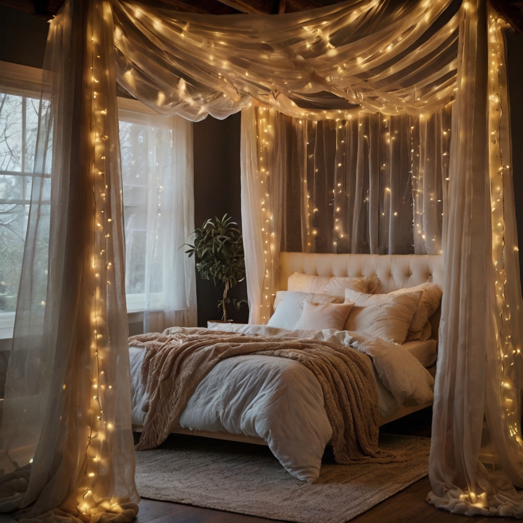 Sheer drapes forming a cozy bed canopy, twinkling lights inside casting a soft glow. Soft diffused light enhances the peaceful, dreamy atmosphere.