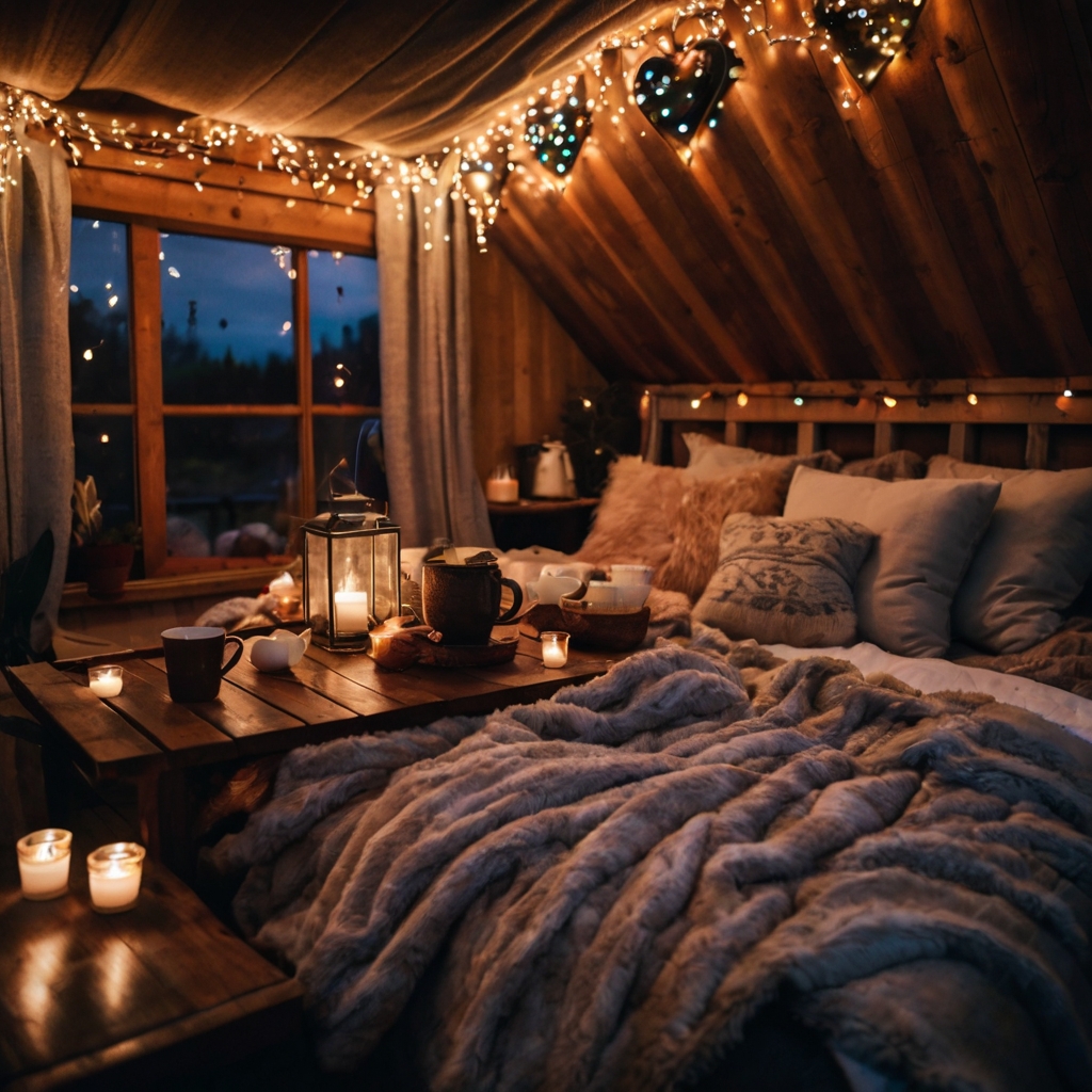 A fairy light-draped indoor fort with plush blankets for a cozy escape. Heart-shaped pillows and warm cocoa complete the intimate setting.