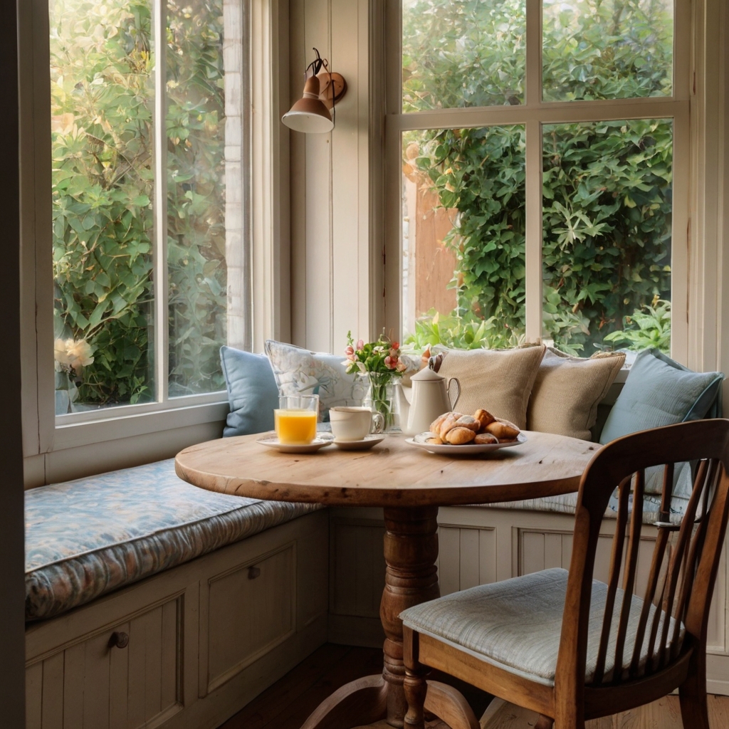 A sunlit breakfast nook with a round wooden table set for a peaceful morning. A built-in bench with soft cushions creates a cozy, inviting space to unwind.