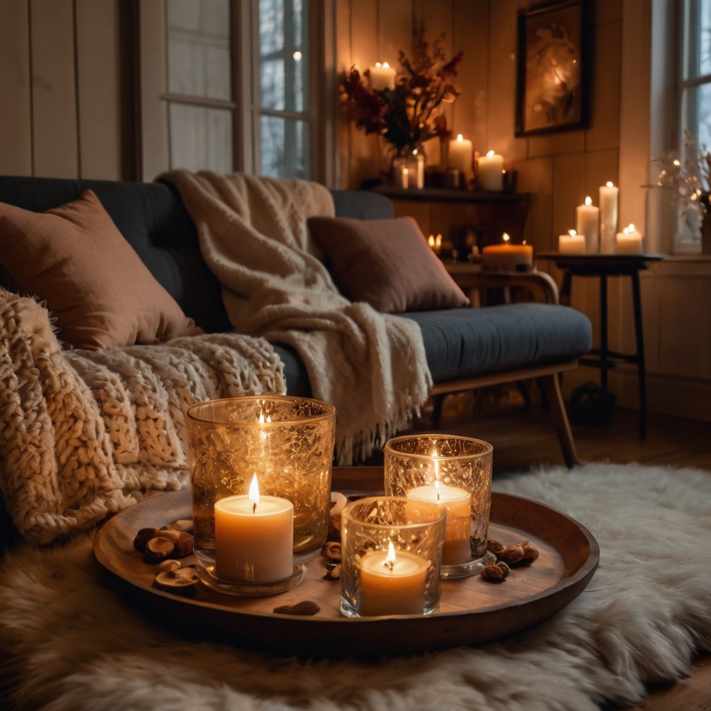 Flickering candles casting a warm, golden light across the room. A romantic and intimate ambiance perfect for a cozy night in!