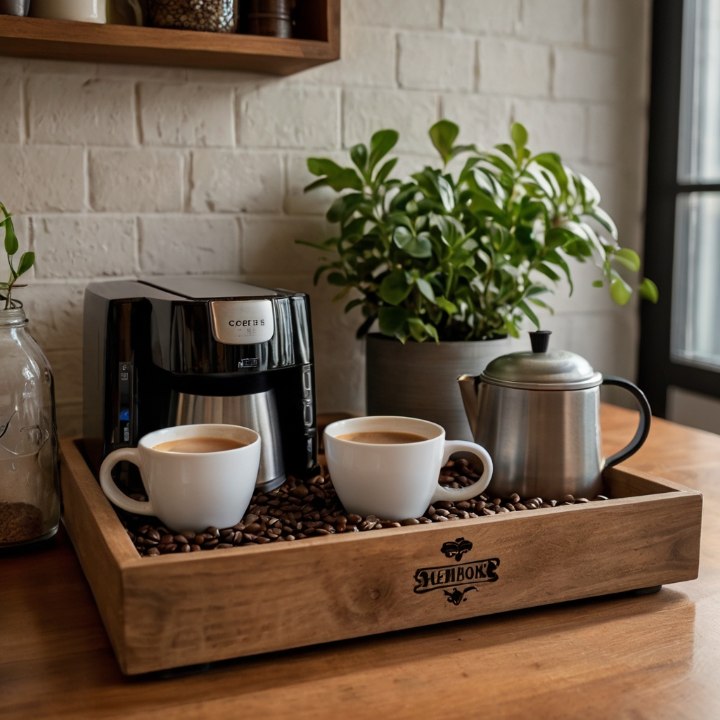 A wooden coffee nook with a stylish coffee machine, mugs, and sugar jars. Soft lighting enhances the warm and inviting atmosphere.