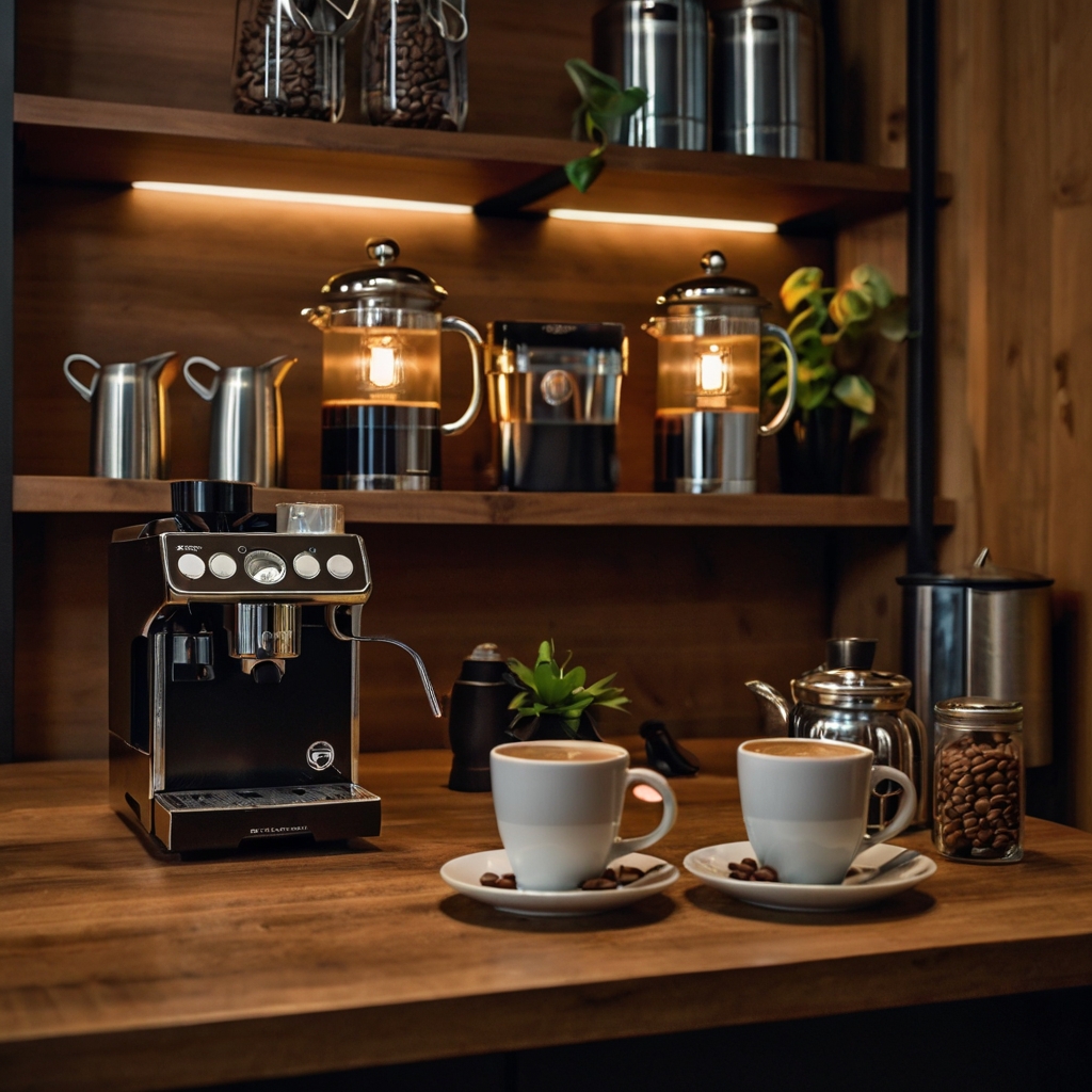 A stylish coffee station with an espresso machine and elegant mugs. A warm, aromatic workspace setup for coffee lovers.