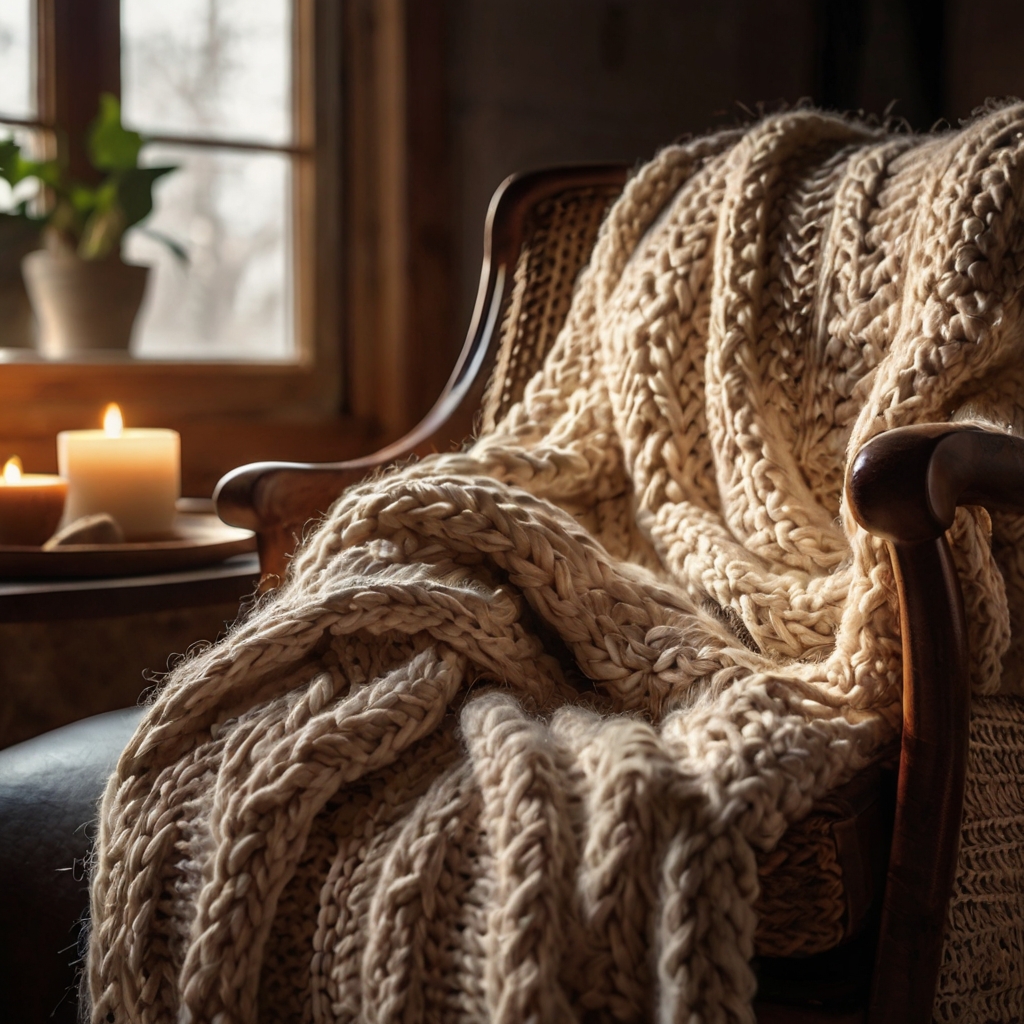 A plush armchair draped with a chunky knit throw, bathed in warm lamplight for a cozy ambiance.