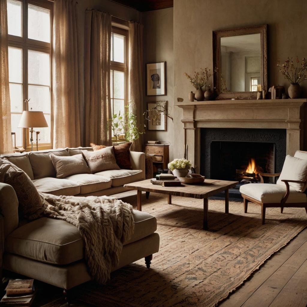 A cozy living room filled with plush sofas, layered throws, and natural textures like wood and linen. Soft, warm lighting enhances the inviting, relaxed atmosphere.