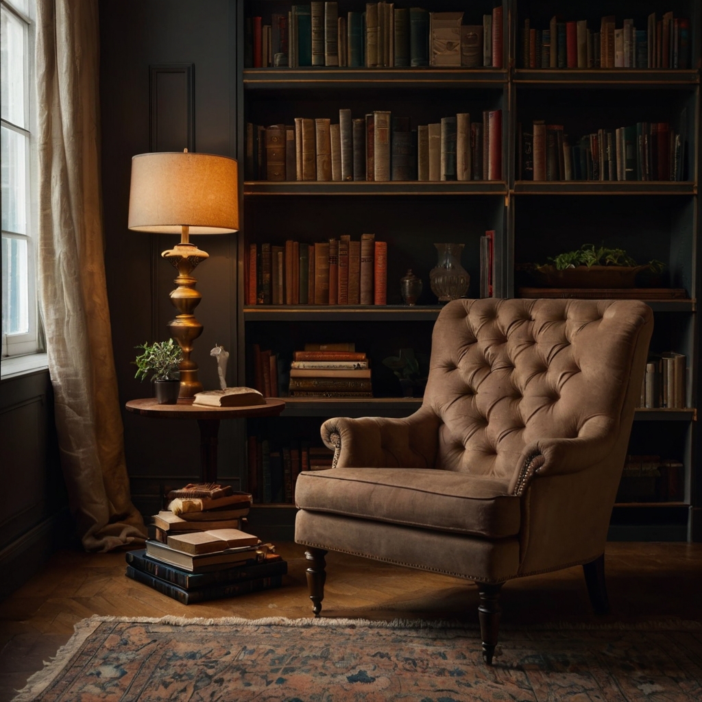 A tufted armchair sits beside a bookshelf filled with books. Warm lighting and soft textiles create an inviting space.