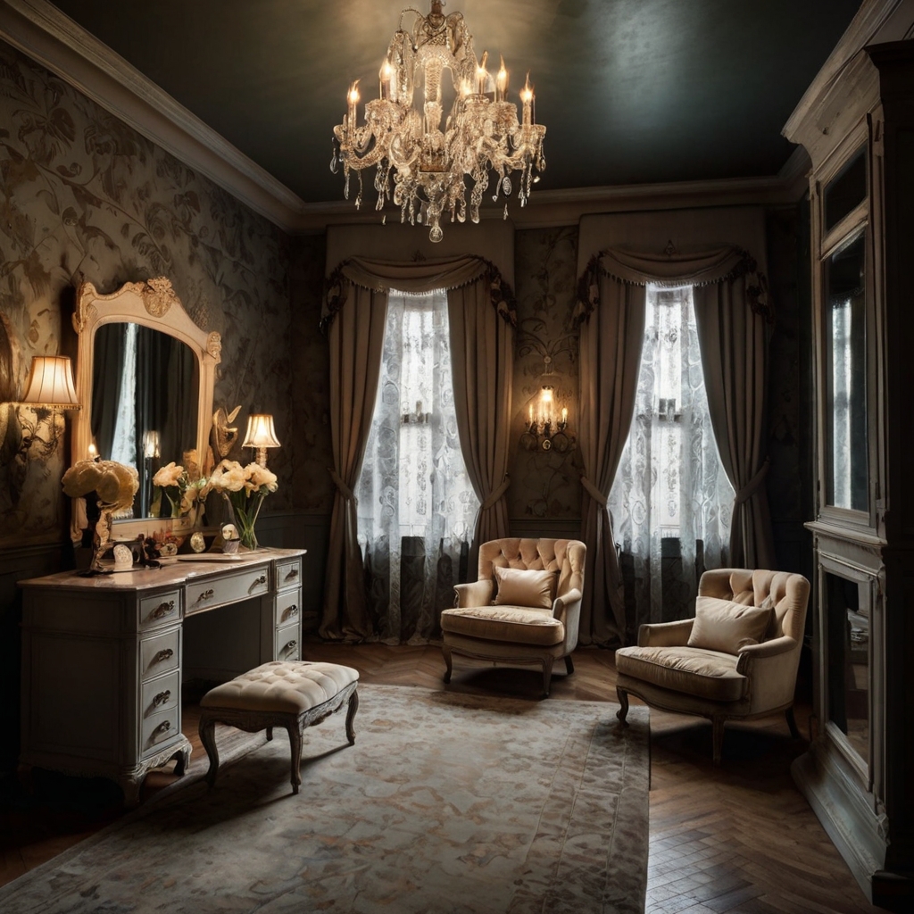 Create an intimate vintage dressing room with warm lighting and antique furnishings. Highlight velvet armchairs, lace curtains, and soft textures for a cozy vibe.