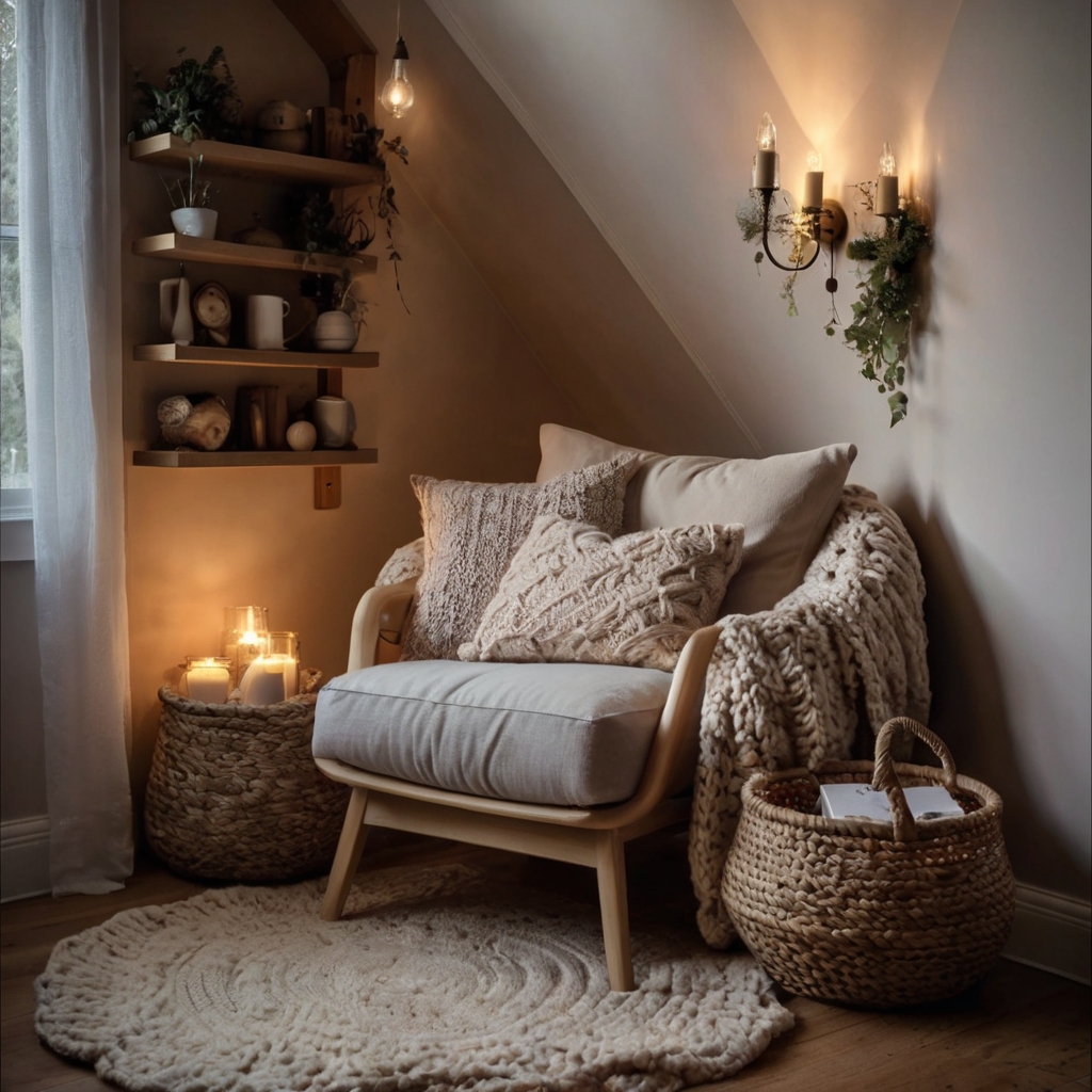 Design a snug nook with a comfy chair, soft cushions, and fairy lights, highlighted by gentle corner lighting for a peaceful retreat.