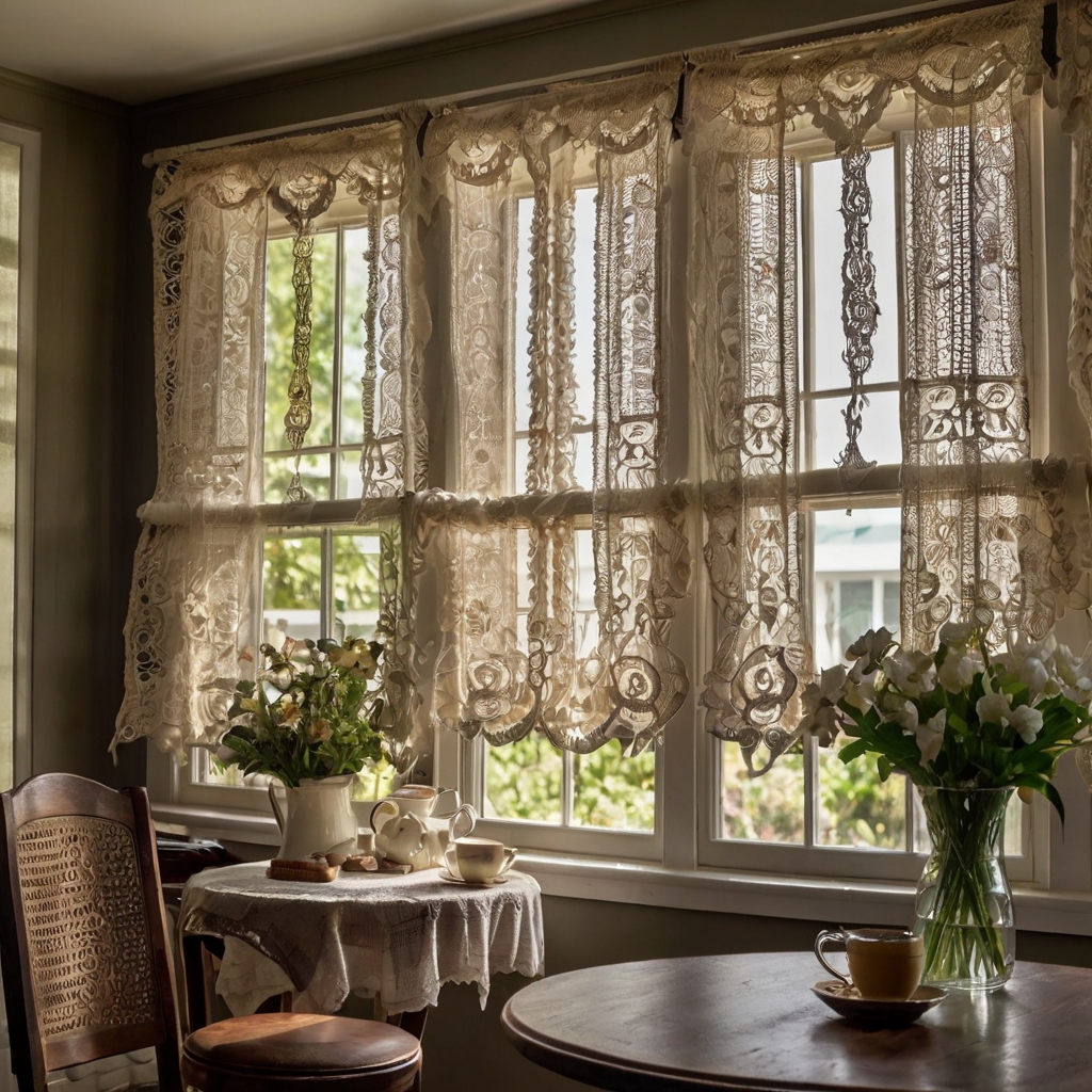 Handmade crochet lace café curtains filter soft sunlight in a cozy farmhouse kitchen. Their delicate vintage charm enhances rustic dining spaces.