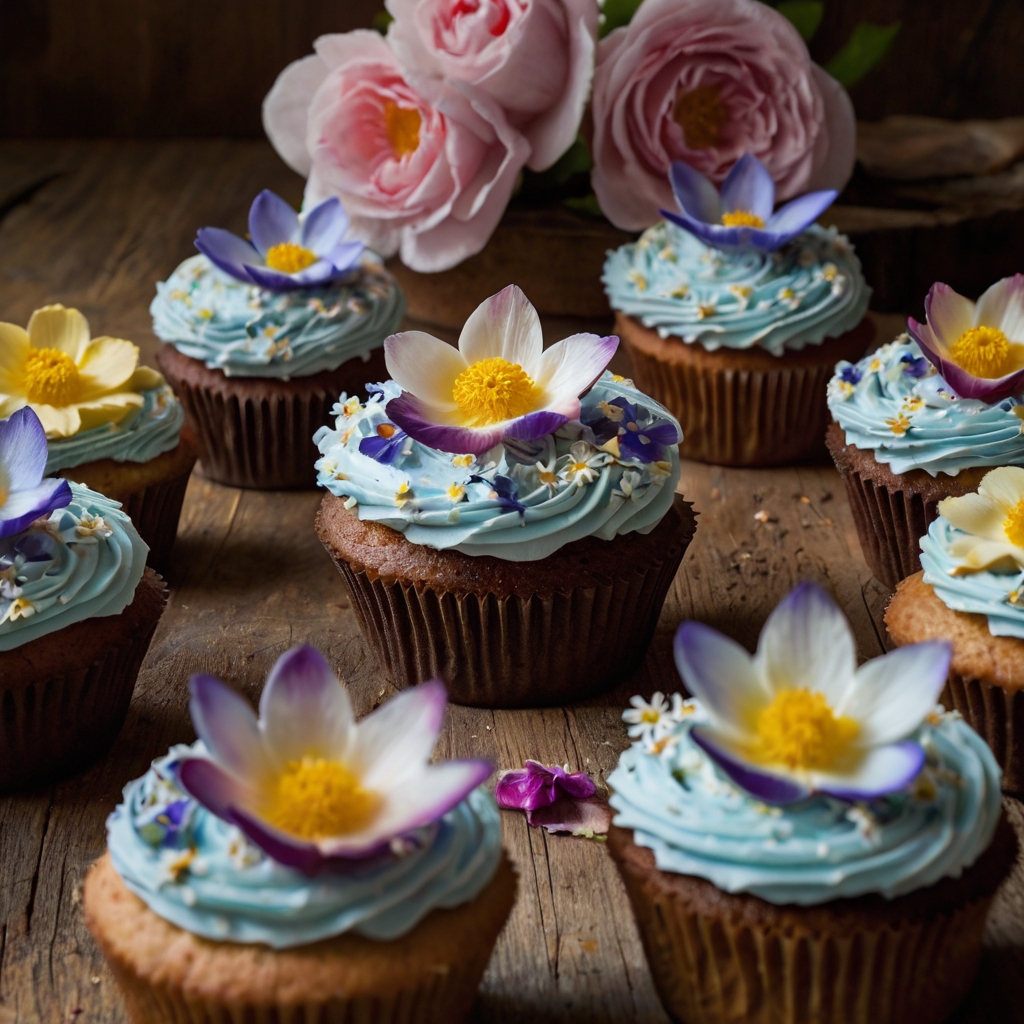 Cupcakes with realistic edible flowers and intricate buttercream petals. Warm lighting enhances the textures and colors of the floral designs.