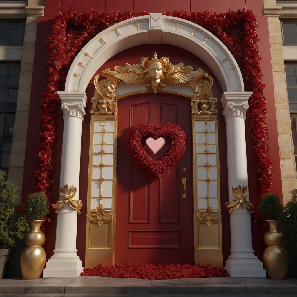 Golden Cupid’s arrows pierce floating hearts, with a majestic winged Cupid hovering above, bathed in soft, magical light.