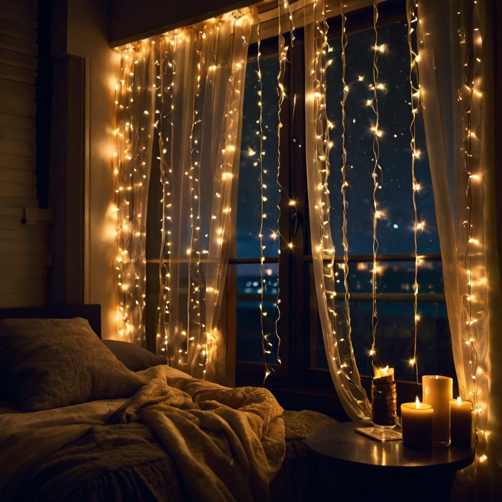 Sheer curtains with woven string lights create a dreamy glow in a soft-lit room. The fabric diffuses the lights, enhancing the cozy nighttime ambiance.