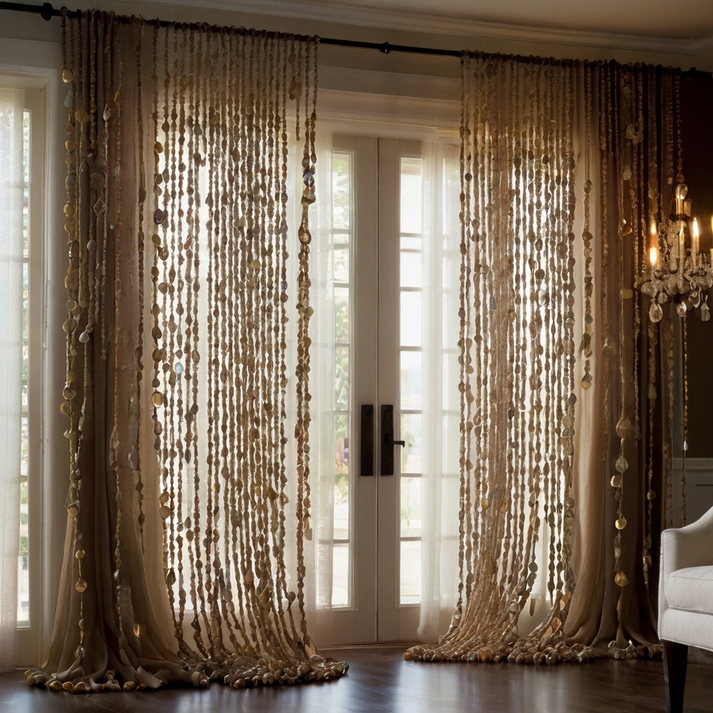 Beaded curtains creating a sparkling effect. Soft lighting accentuates the delicate beads in a chic, elegant living room.