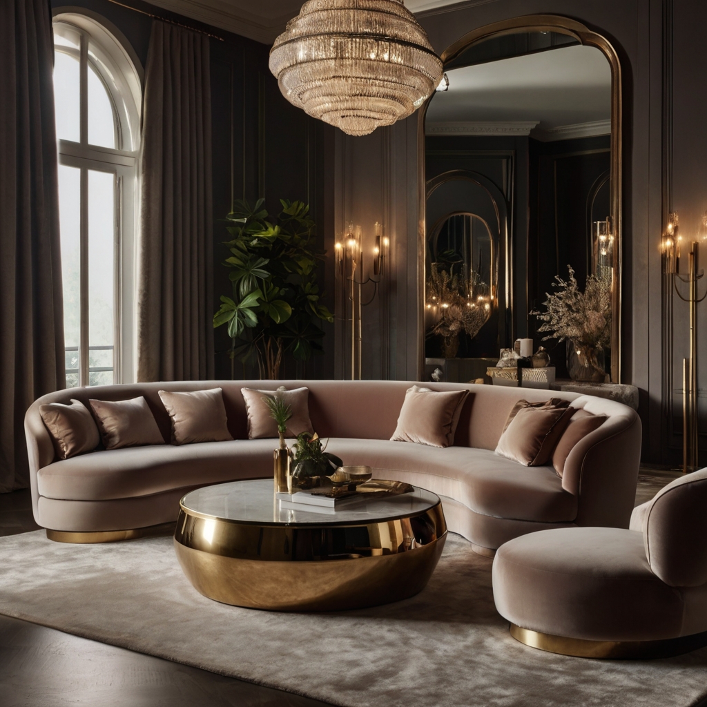 A sophisticated room with curved velvet furniture and organic shapes. Soft edges and warm lighting create a harmonious and welcoming ambiance.