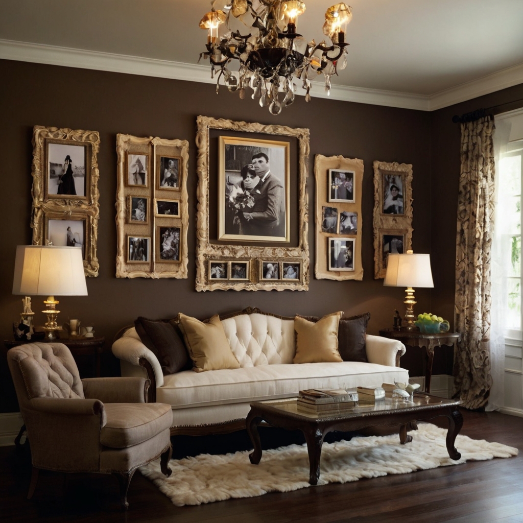 Frame your cherished photos with custom wooden or fabric frames, illuminated by soft corner lighting to add depth.