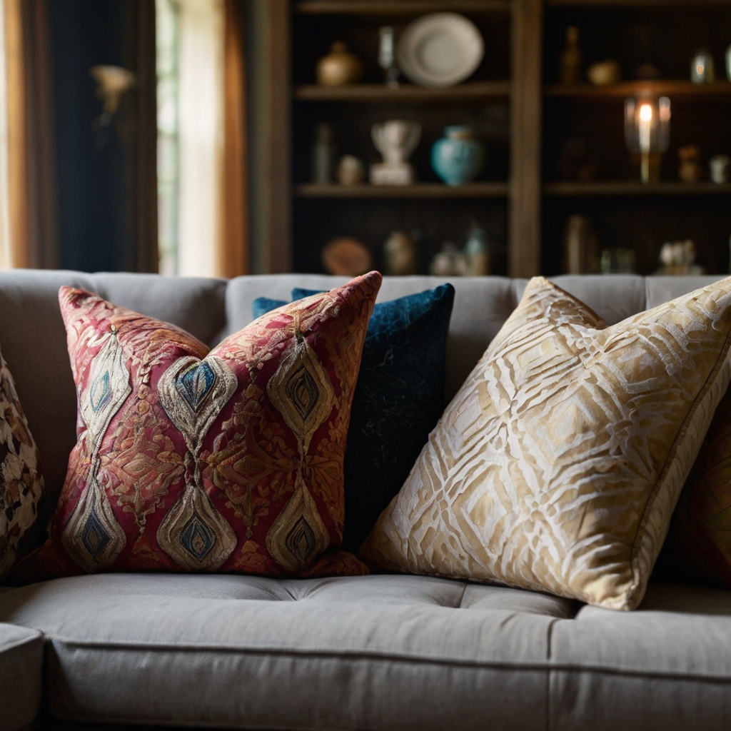 Personalize your sofa with custom throw pillows in varying textures, highlighted by side lighting that brings out their warmth.