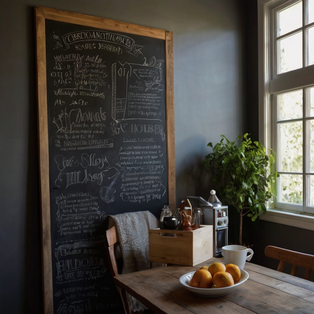 Create a functional and stylish chalkboard wall in your kitchen or hallway, softly lit to create a cozy, creative vibe.