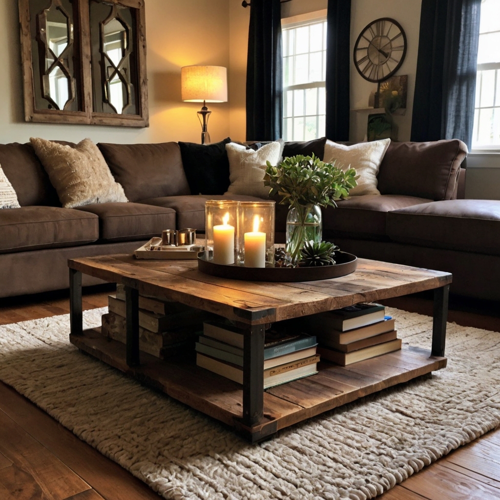 Reclaimed wood coffee tables topped with candles and plants are showcased under soft lighting, emphasizing their rustic appeal.