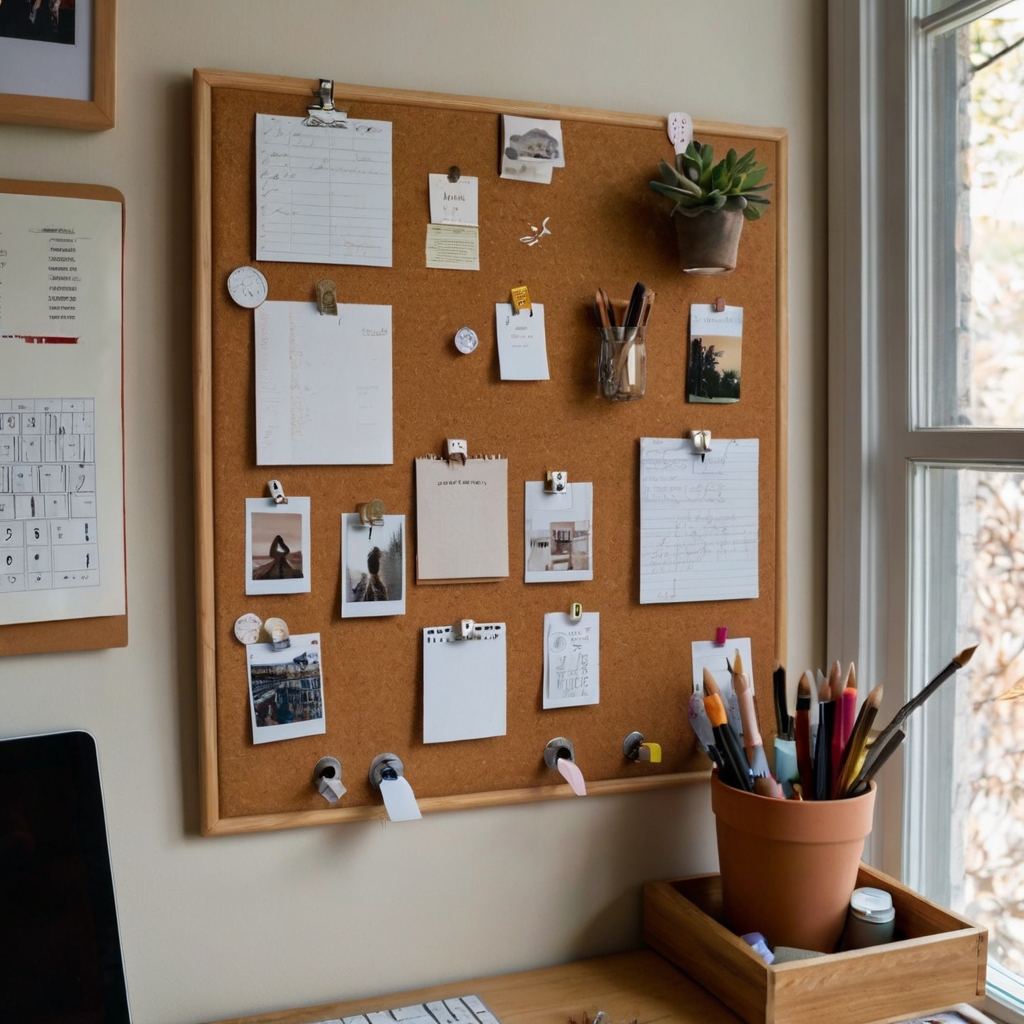 A cork board with pinned sketches and inspirations, softly lit by natural light, creating a functional and creative space near a work area.