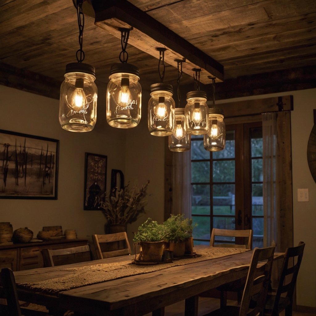 Illuminate your dining space with mason jar pendant lights, casting a warm, rustic glow to create a charming atmosphere.