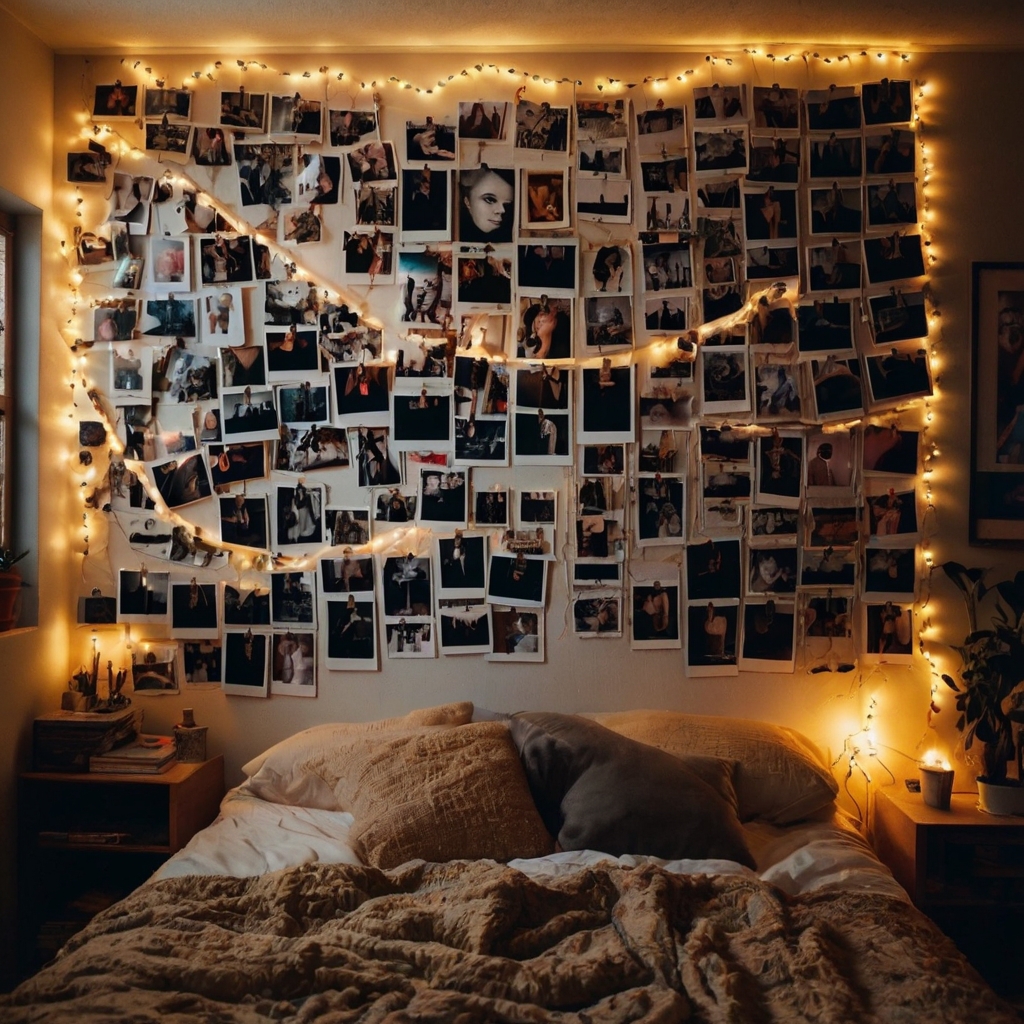 Eclectic photo collage of polaroids, magazine cutouts, and postcards, accented by soft lighting. Warm light from string lights enhances the cozy atmosphere.