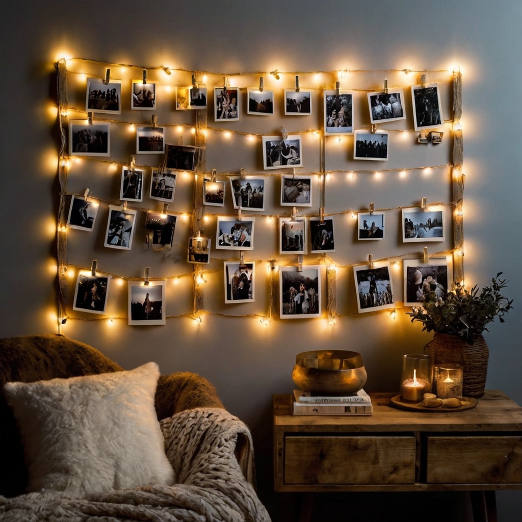 Display photos and art with string lights and wooden clips, casting soft shadows that personalize your space.