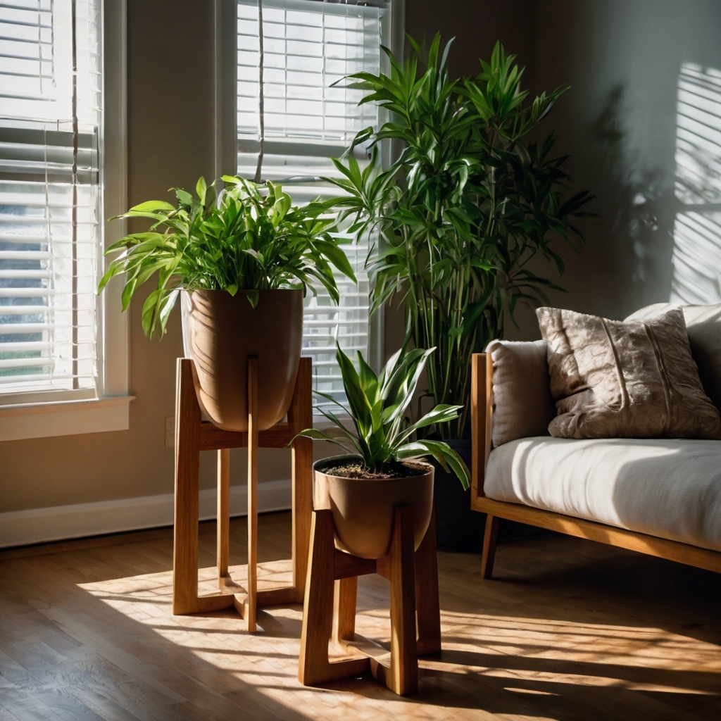 Wooden plant stands hold lush indoor greenery, with soft lighting casting shadows that enhance the serene, natural feel.