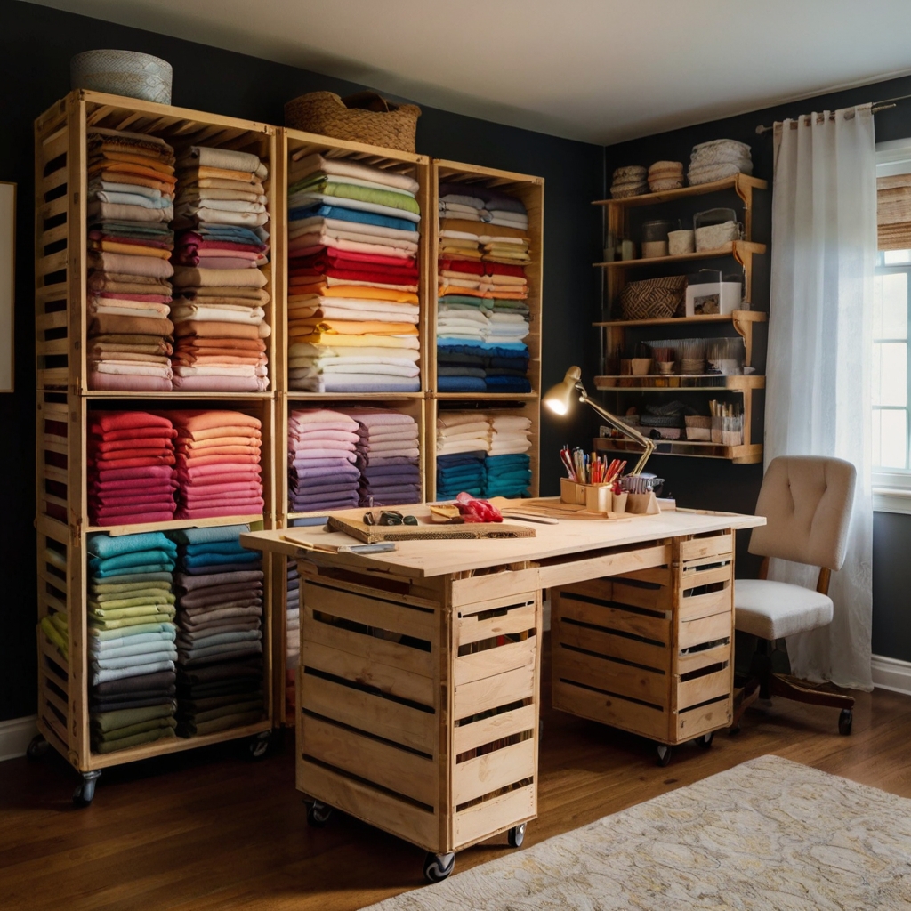 Wooden crates on casters neatly organize fabric by color, with warm lighting highlighting their accessibility and charm.