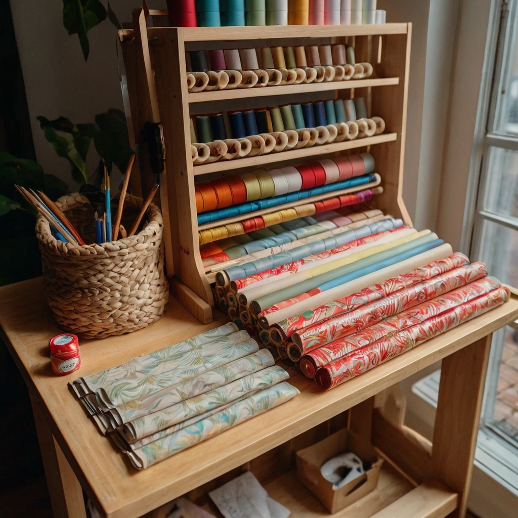 A wooden cart holds rolls of craft and wrapping paper, with soft lighting enhancing the organized setup and easy access to materials.