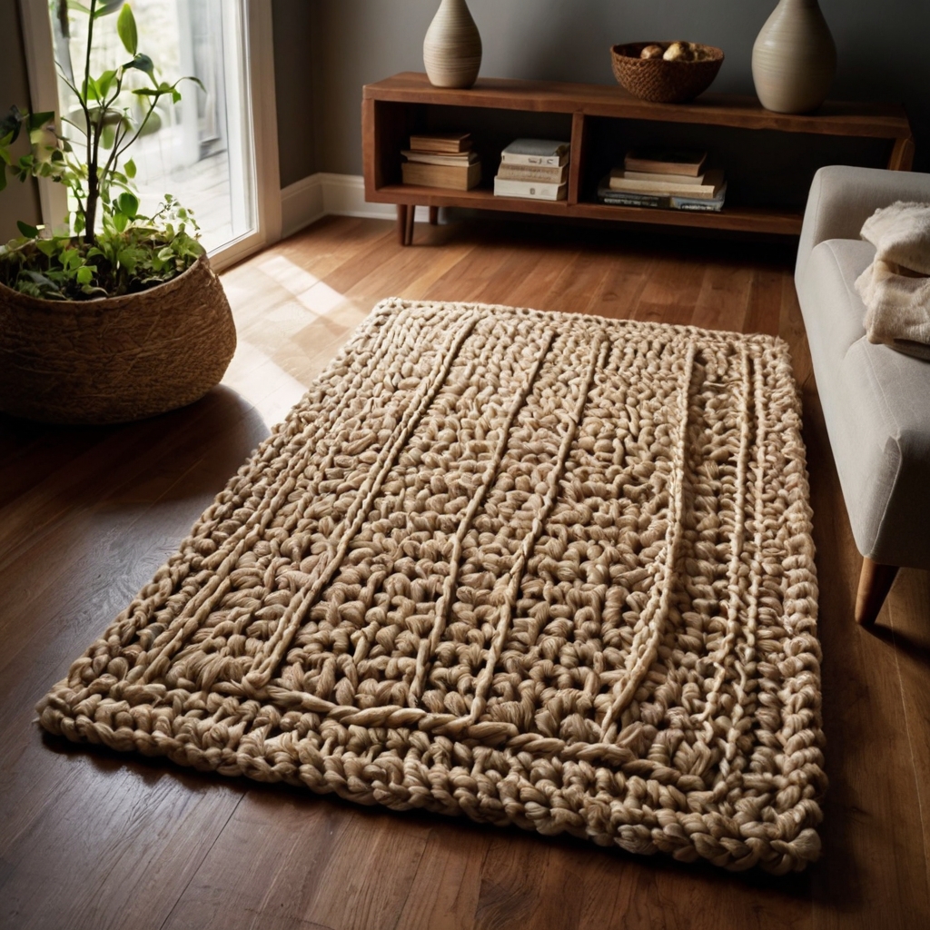 Crocheted or woven rugs in warm earth tones add texture and charm, illuminated from above to show their intricate designs.