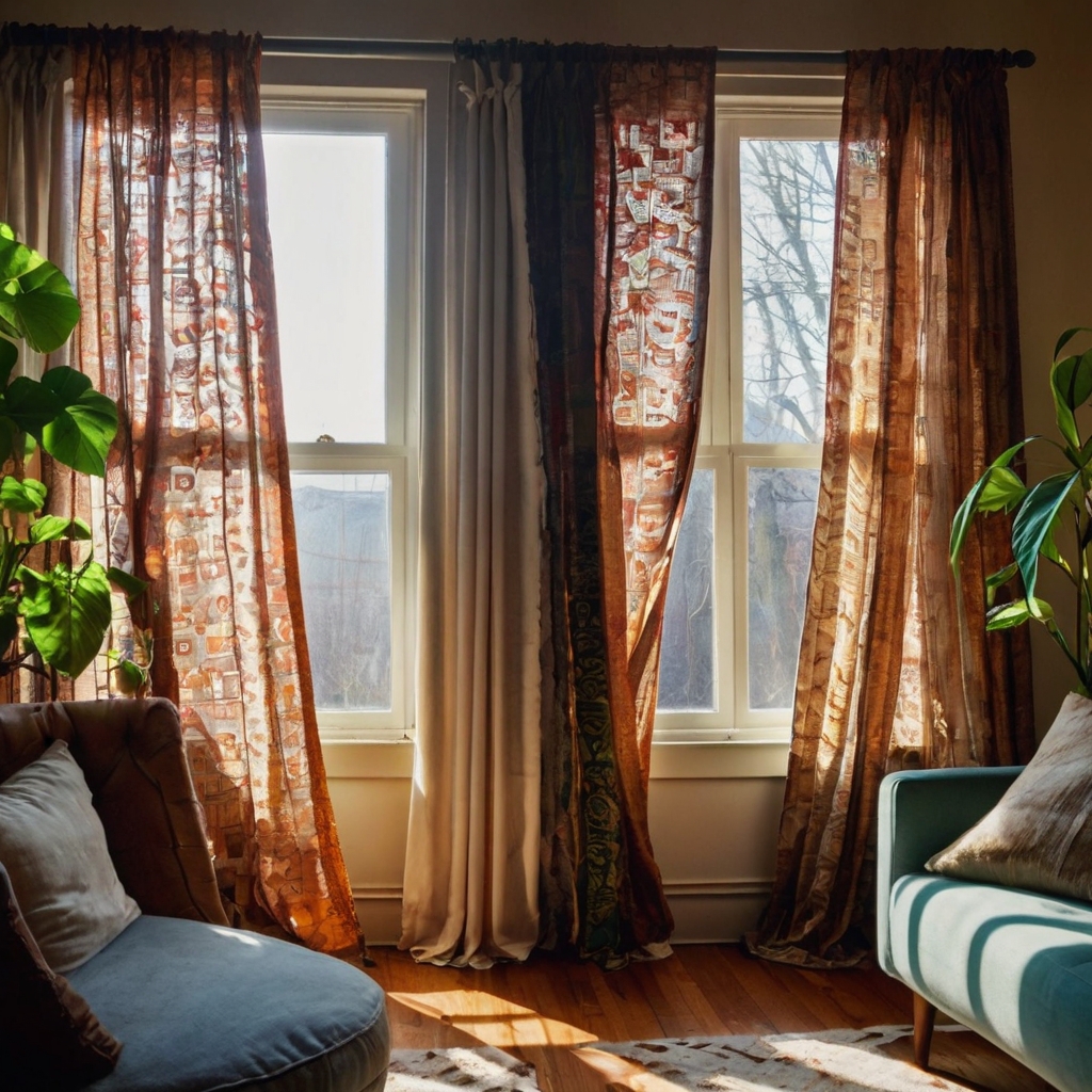 DIY upcycled curtains made from old fabrics. Soft sunlight highlights the unique, creative textures in a quirky, personal living room.