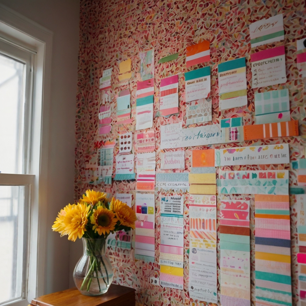 Wall decorated with colorful washi tape designs, creating geometric patterns. Soft light from a lamp highlights the fresh, personalized touch on the walls.